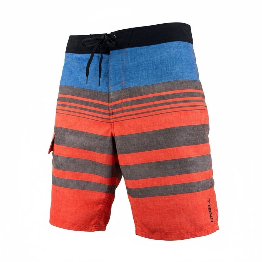 O'Neill Board Shorts Mens 31 Orange Striped 10" Swim Trunks Quick Dry Surf A151